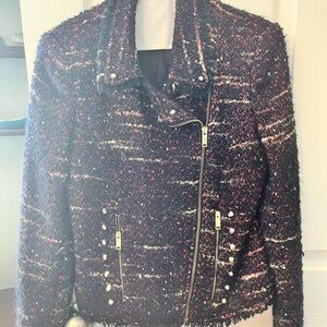 Zara Womens Tweed Moto Jacket in Black with Pink Accents